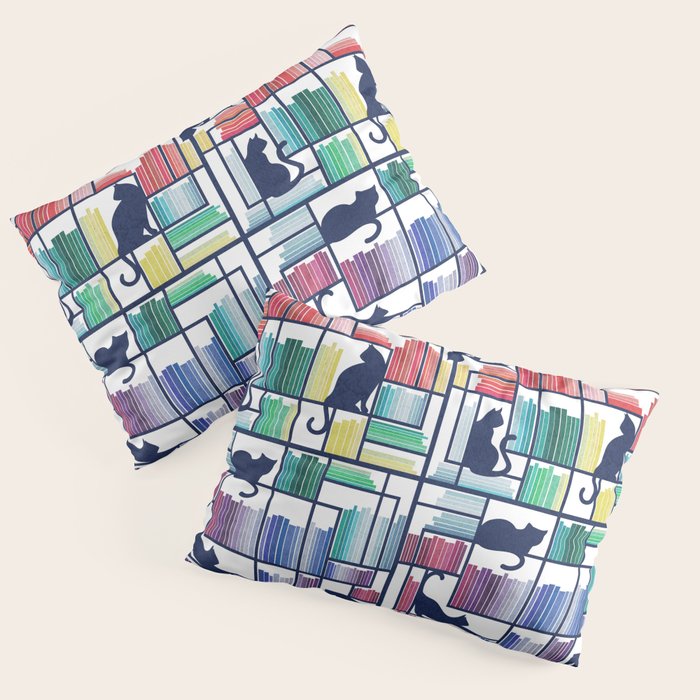 Rainbow bookshelf // white background navy blue shelf and library cats Pillow Sham Gallery Image 1