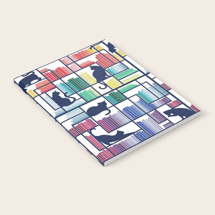 Rainbow bookshelf // white background navy blue shelf and library cats Notebook Gallery Image 1