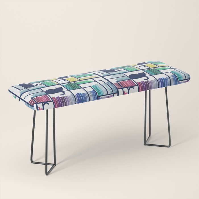 Rainbow bookshelf // white background navy blue shelf and library cats Bench Gallery Image 1