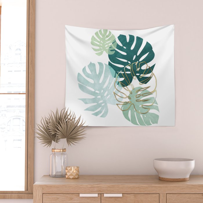 Tropical minimal / green, turquoise and gold monstera Wall Tapestry Gallery Image 2