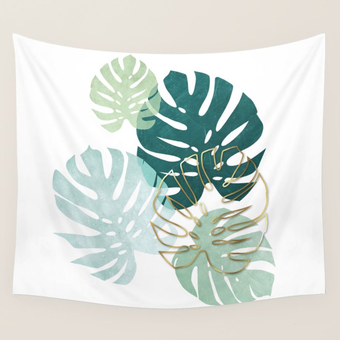 Tropical minimal / green, turquoise and gold monstera Wall Tapestry Gallery Image 1