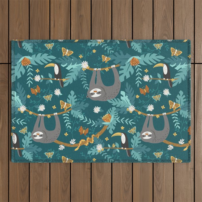 Sloth Hanging in a Teal Forest Outdoor Rug Gallery Image 1