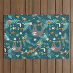 Sloth Hanging in a Teal Forest Outdoor Rug Gallery Image 1