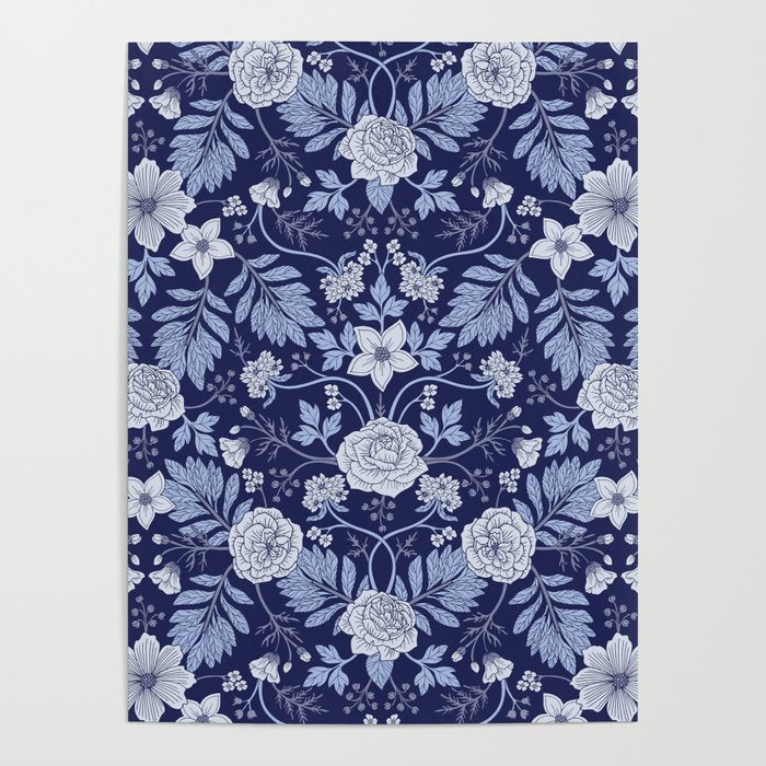Light Blue, Cobalt Blue, & White Floral Pattern Poster Gallery Image 4