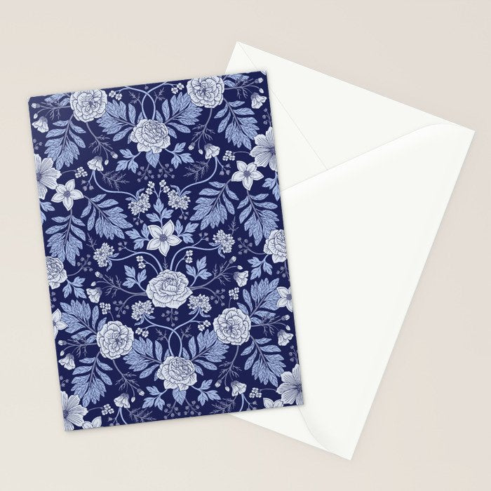Light Blue, Cobalt Blue, & White Floral Pattern Stationery Card Gallery Image 2
