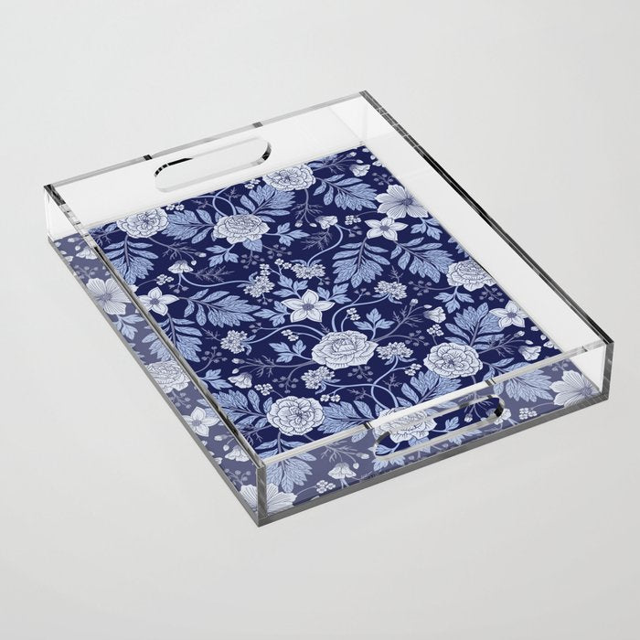 Light Blue, Cobalt Blue, & White Floral Pattern Acrylic Tray Gallery Image 1