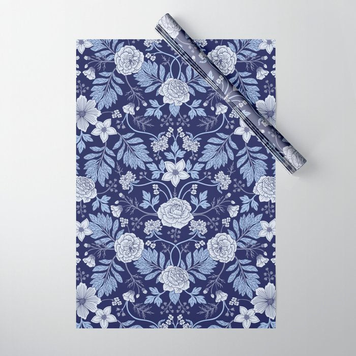 Light Blue, Cobalt Blue, & White Floral Pattern Wrapping Paper Gallery Image 1