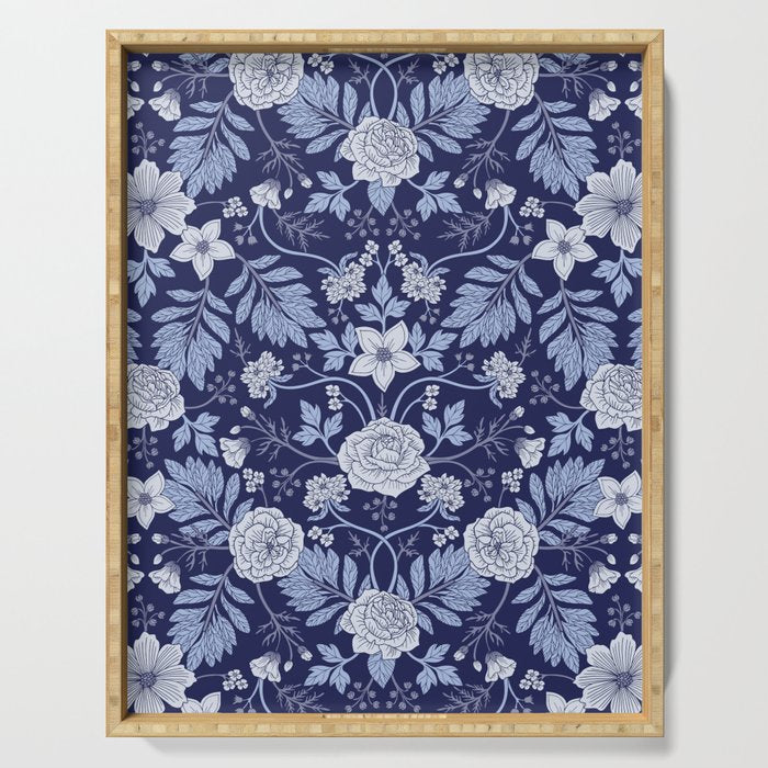 Light Blue, Cobalt Blue, & White Floral Pattern Serving Tray Gallery Image 1