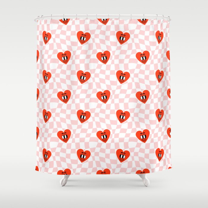 Retro cartoon love heart checkered pattern Shower Curtain Gallery Image 1