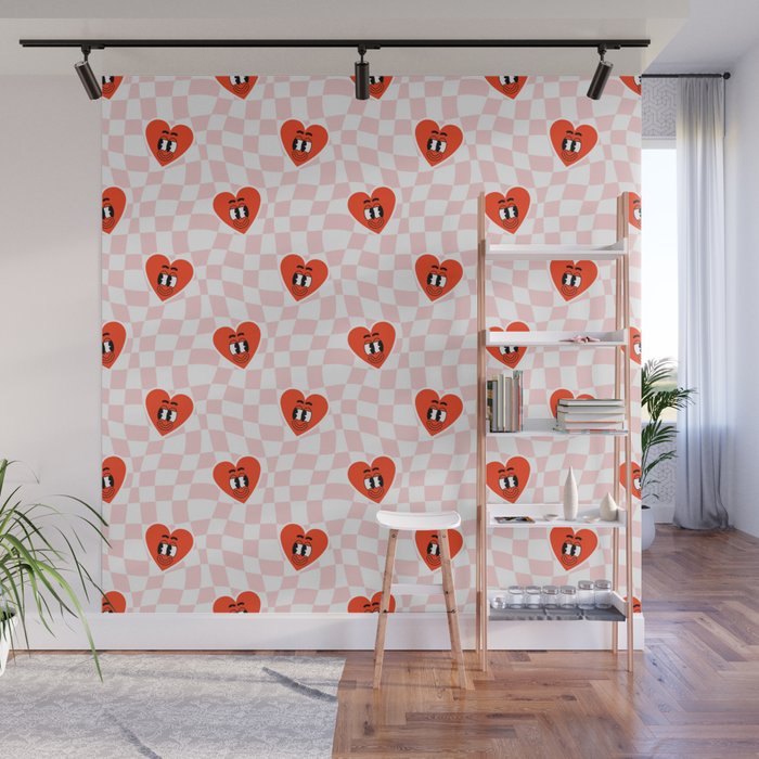 Retro cartoon love heart checkered pattern Wall Mural Gallery Image 1