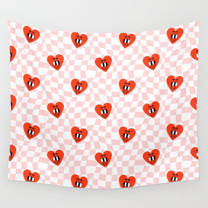 Retro cartoon love heart checkered pattern Wall Tapestry Gallery Image 1
