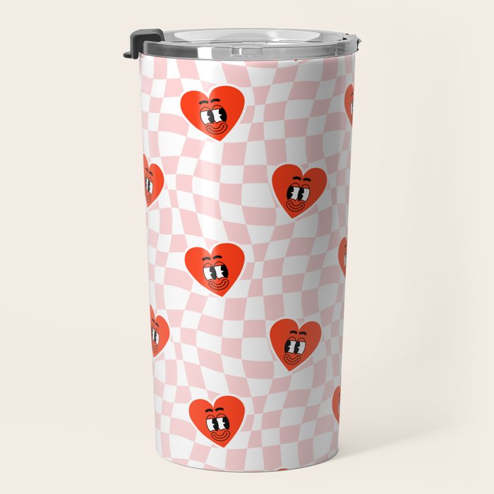 Retro cartoon love heart checkered pattern Travel Mug Gallery Image 3