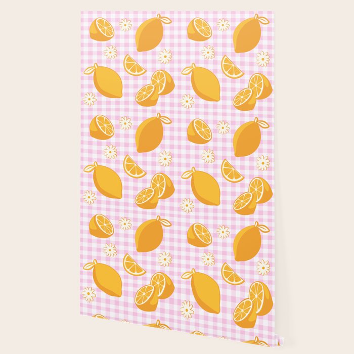 Lemons on Pastel Baby Pink Gingham Wallpaper Gallery Image 2