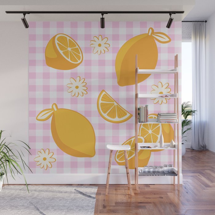 Lemons on Pastel Baby Pink Gingham Wall Mural Gallery Image 1