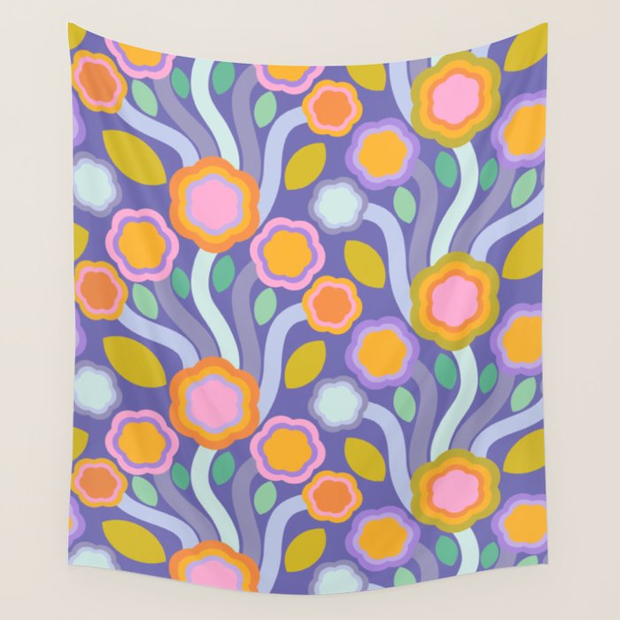 Big pop retro flowers blue Wall Tapestry Gallery Image 4