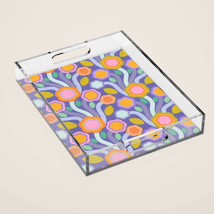 Big pop retro flowers blue Acrylic Tray Gallery Image 1