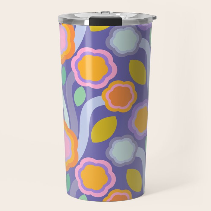 Big pop retro flowers blue Travel Mug Gallery Image 1