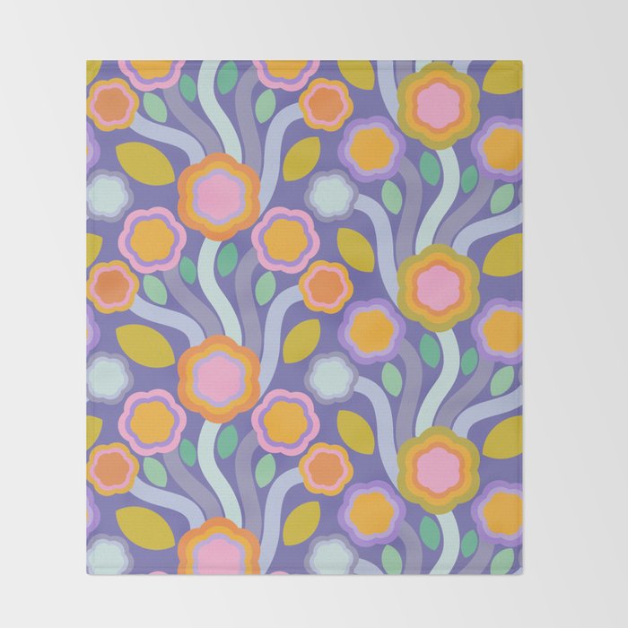 Big pop retro flowers blue Throw Blanket Gallery Image 2