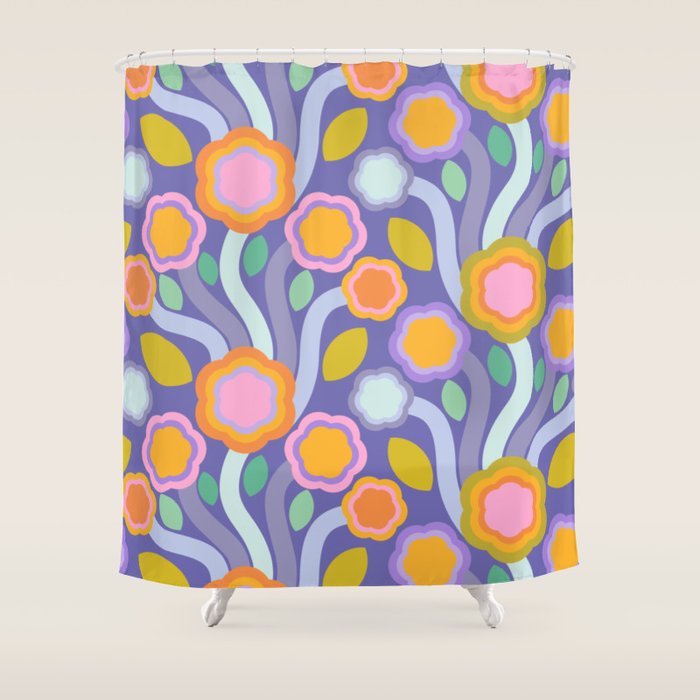 Big pop retro flowers blue Shower Curtain Gallery Image 1