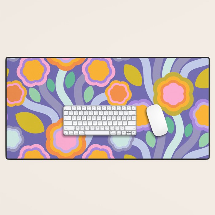 Big pop retro flowers blue Desk Mat Gallery Image 1
