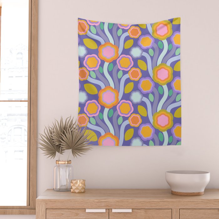 Big pop retro flowers blue Wall Tapestry Gallery Image 2