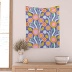 Big pop retro flowers blue Wall Tapestry Gallery Image 2