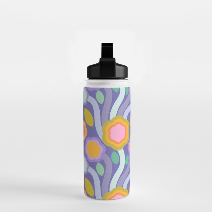 Big pop retro flowers blue Water Bottle Gallery Image 2