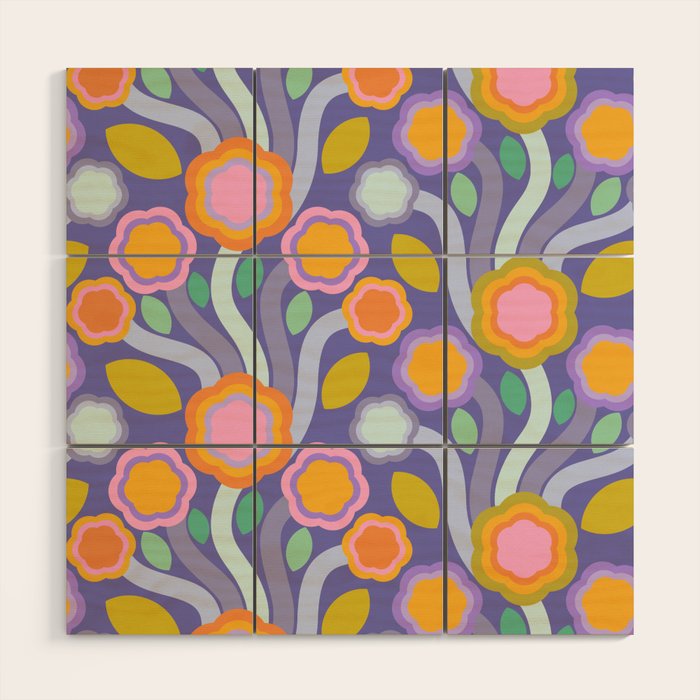 Big pop retro flowers blue Wood Wall Art Gallery Image 1