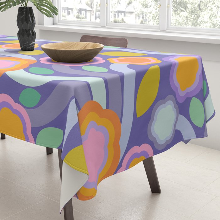 Big pop retro flowers blue Tablecloth Gallery Image 3