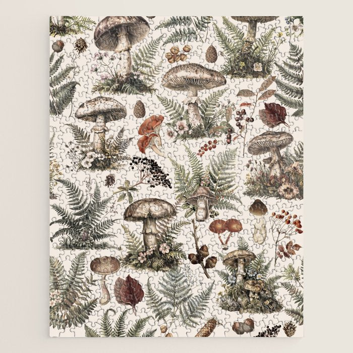 Woodland Vibes Mushroom And Fern Pattern Beige Jigsaw Puzzle Gallery Image 1