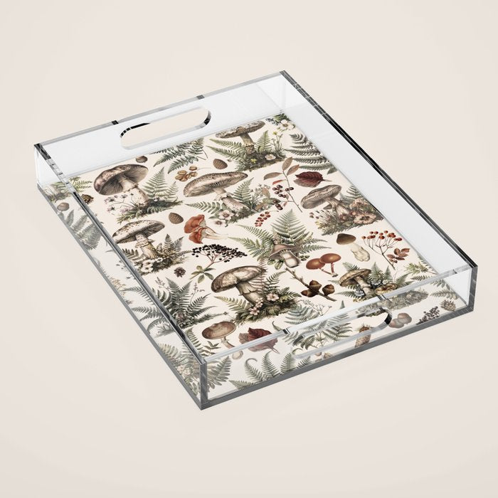 Woodland Vibes Mushroom And Fern Pattern Beige Acrylic Tray Gallery Image 1