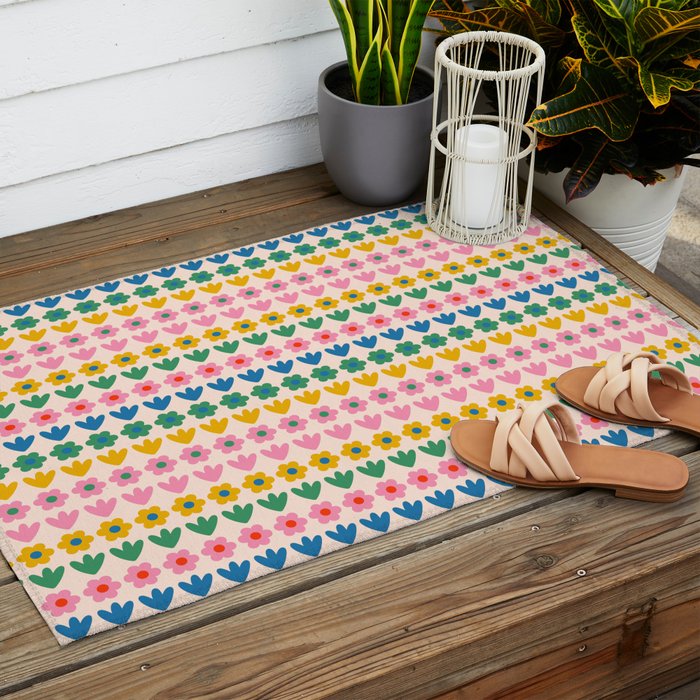 Spring Flower Stripes Cute Cheerful Colorful Mini Floral Pattern Outdoor Rug Gallery Image 2