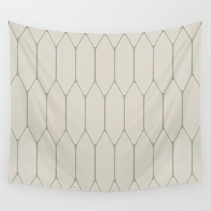 Long Honeycomb Minimalist Geometric Pattern in Beige and Sage Green Wall Tapestry Gallery Image 1