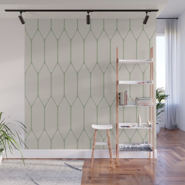 Long Honeycomb Minimalist Geometric Pattern in Beige and Sage Green Wall Mural Gallery Image 1