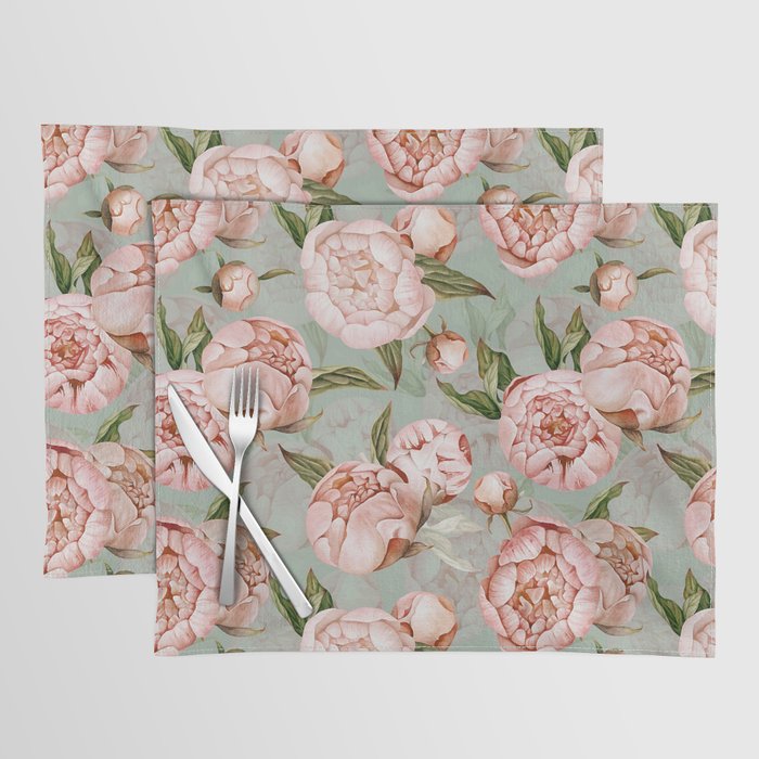 Peach Peonies Watercolor Pattern on Teal Sepia  Placemat Gallery Image 1