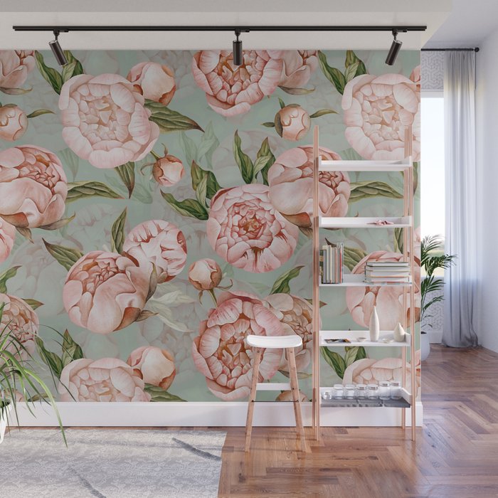 Peach Peonies Watercolor Pattern on Teal Sepia  Wall Mural Gallery Image 1