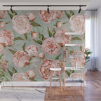 Peach Peonies Watercolor Pattern on Teal Sepia  Wall Mural Gallery Image 1