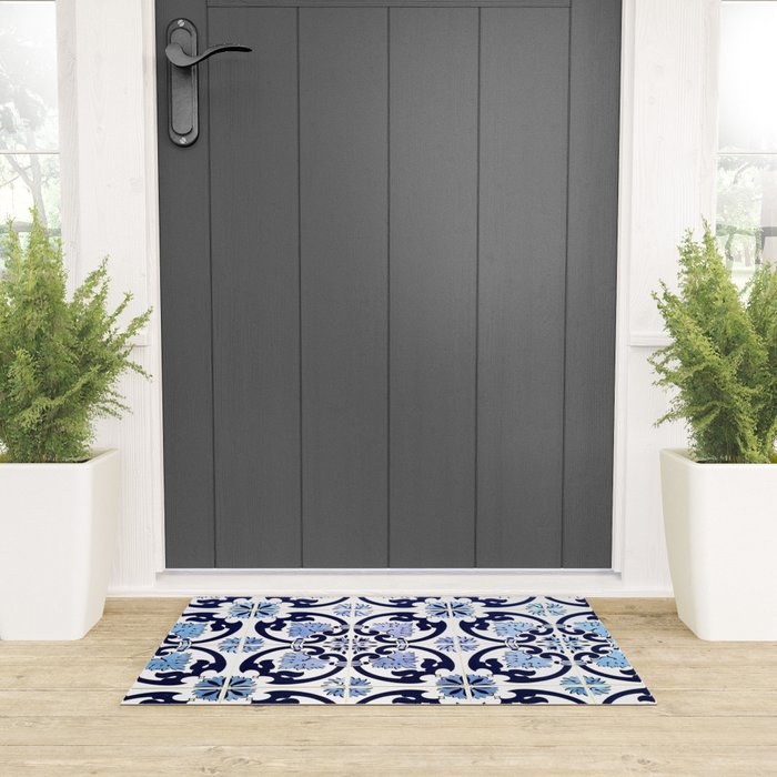 Azulejos, moroccan tiles, Painted tiles, blue, white, portugal Welcome Mat Gallery Image 3