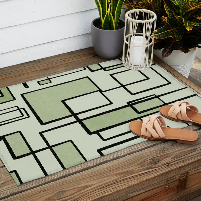 Piet Composition  Sage Green - Mid-Century Modern Minimalist Geometric Abstract  Outdoor Rug Gallery Image 2