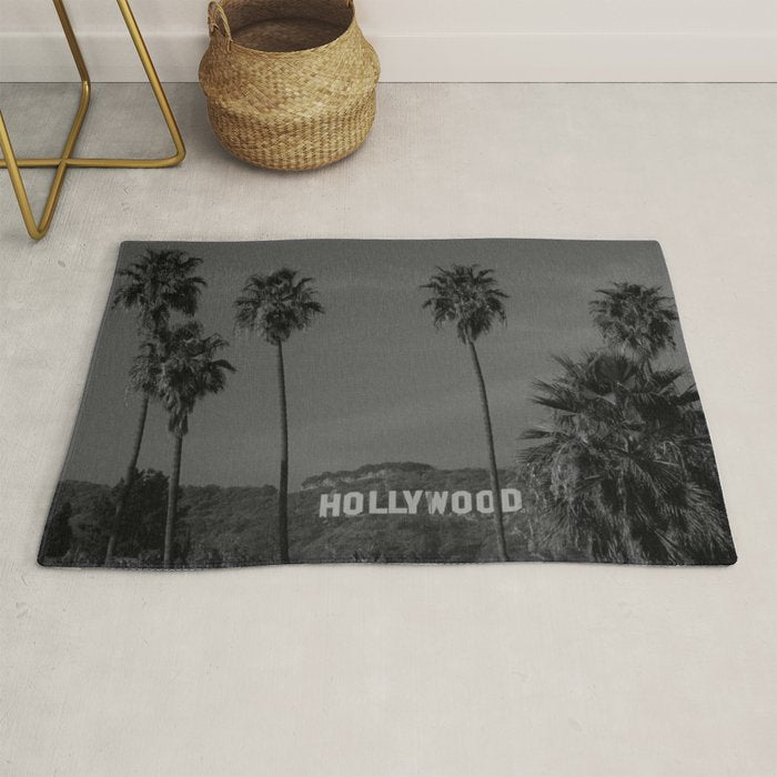 Hollywood Sign, Los Angeles, California black and white photograph / black and white photography Rug Gallery Image 1