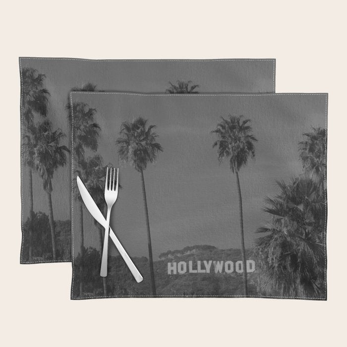 Hollywood Sign, Los Angeles, California black and white photograph / black and white photography Placemat Gallery Image 1