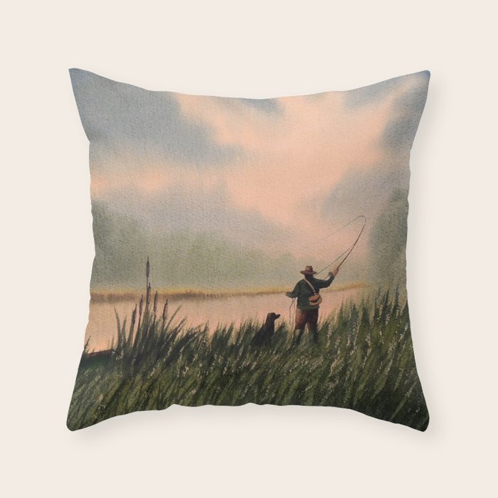 The Fly Fisherman With His Loyal Friend Throw Pillow Gallery Image 1