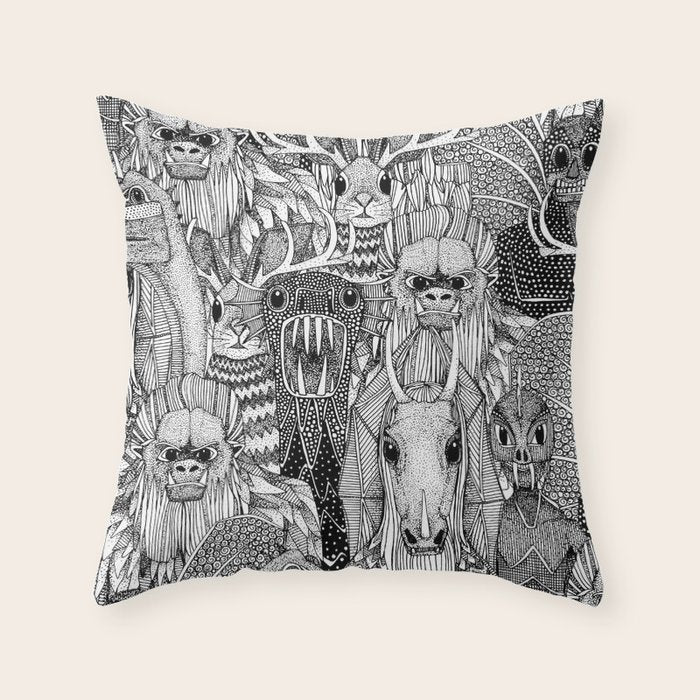 cryptid crowd black white Throw Pillow Gallery Image 1