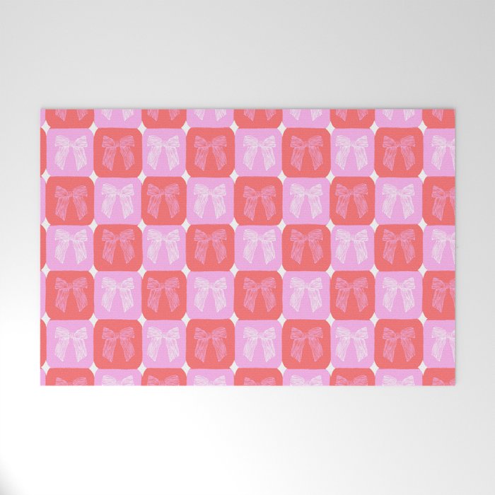 Checkerboard Bows in Pink and Red Welcome Mat Gallery Image 1