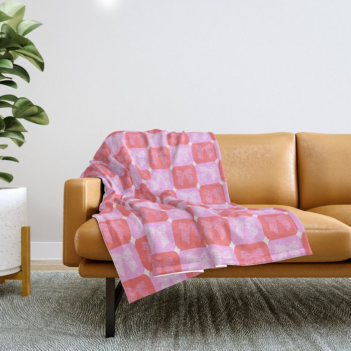 Checkerboard Bows in Pink and Red Throw Blanket Gallery Image 1