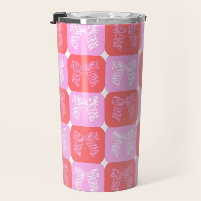Checkerboard Bows in Pink and Red Travel Mug Gallery Image 3
