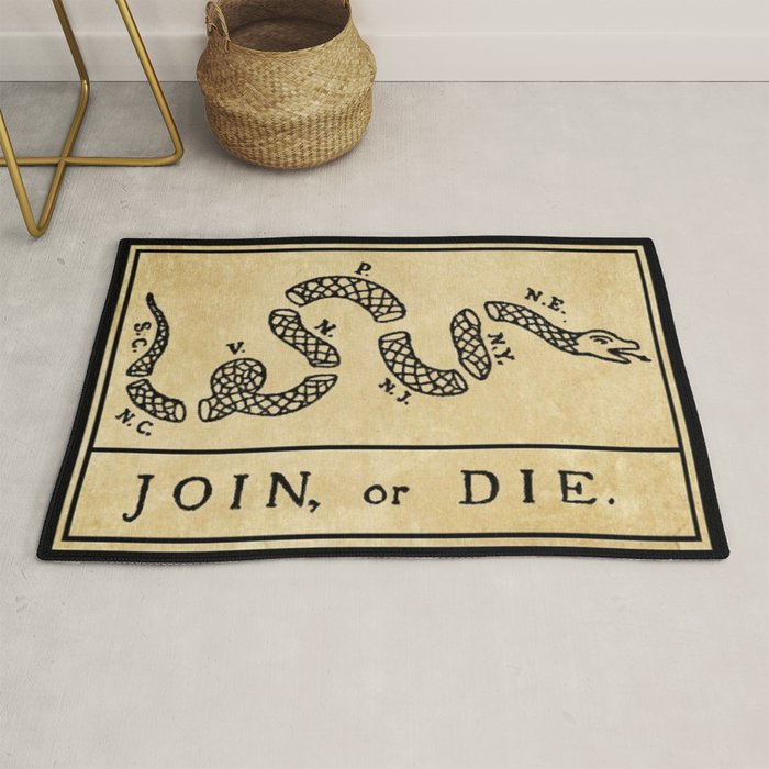 1776 "Join, or Die" Revolutionary War flag with 13 colonies, snake & no colors by Benjamin Franklin Rug Gallery Image 1