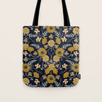 Navy Blue, Turquoise, Cream & Mustard Yellow Dark Floral Pattern Tote Bag Gallery Image 1