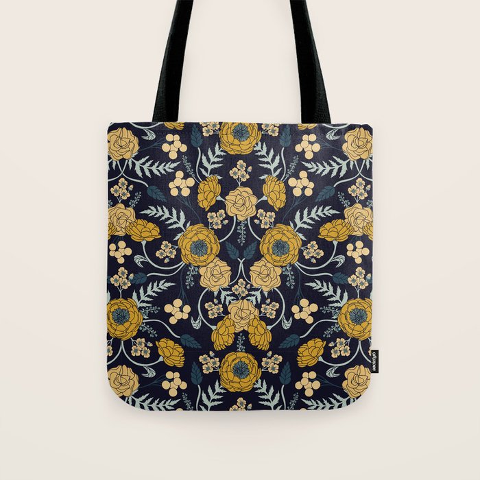 Navy Blue, Turquoise, Cream & Mustard Yellow Dark Floral Pattern Tote Bag Gallery Image 1