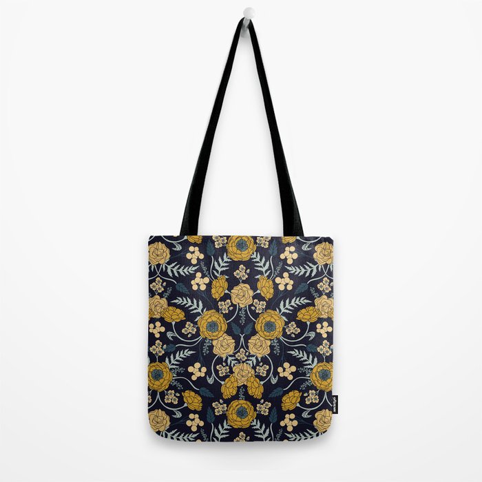 Navy Blue, Turquoise, Cream & Mustard Yellow Dark Floral Pattern Tote Bag Gallery Image 2